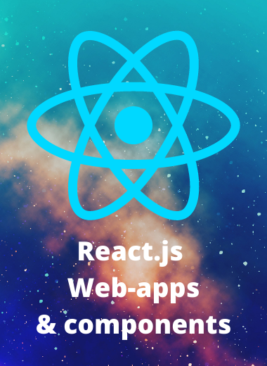 A photo of a react.js logo and a text that reads react.js Web-apps & components